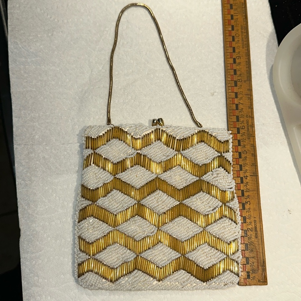 Vintage White and Gold Small Beaded Evening Bag